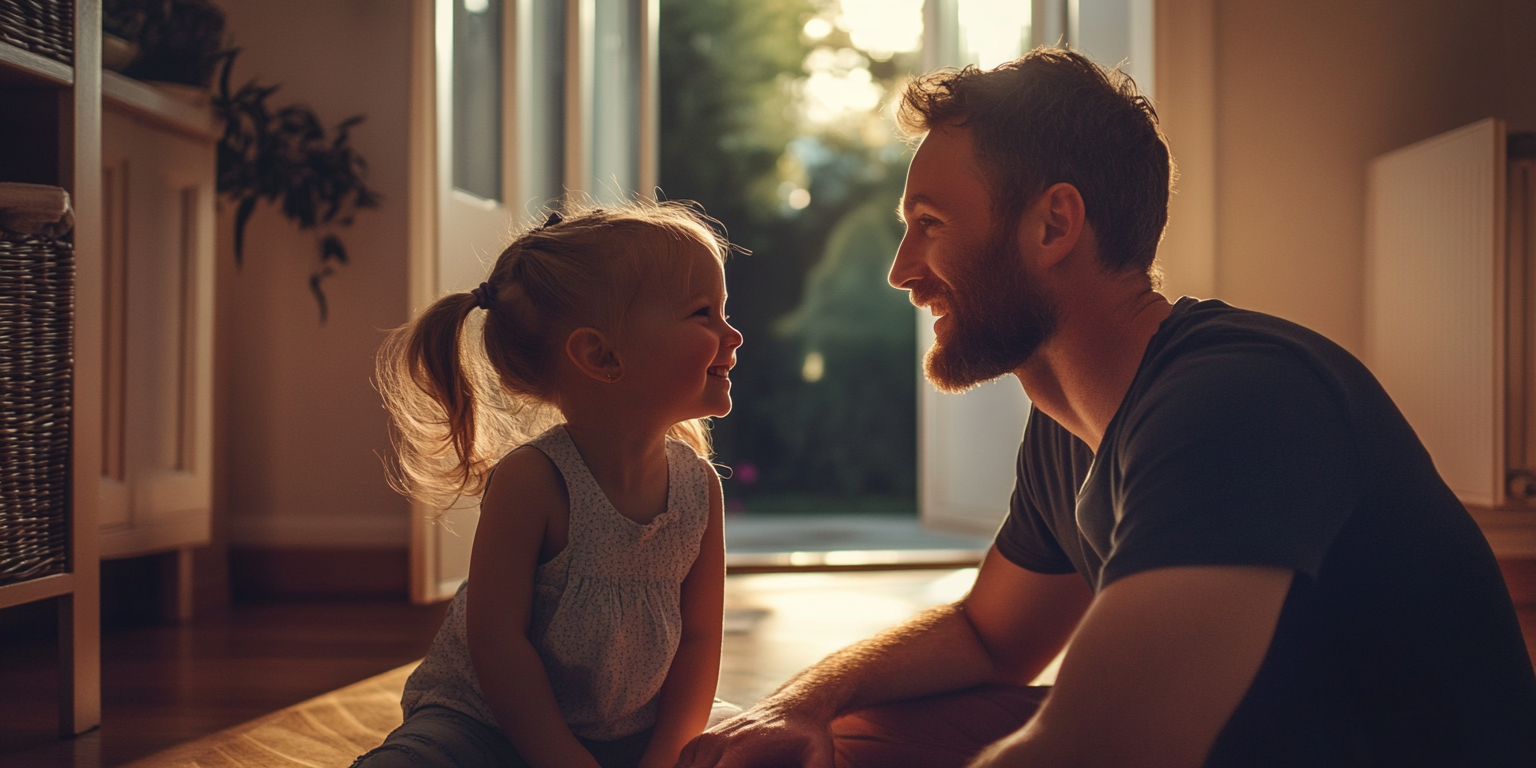 Vater und Kleinkind entspannt fertigmachen Vater und Kleinkind machen sich stressfrei fertig für den Tag